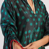 Green & Black Peacock Shibori A line Dress