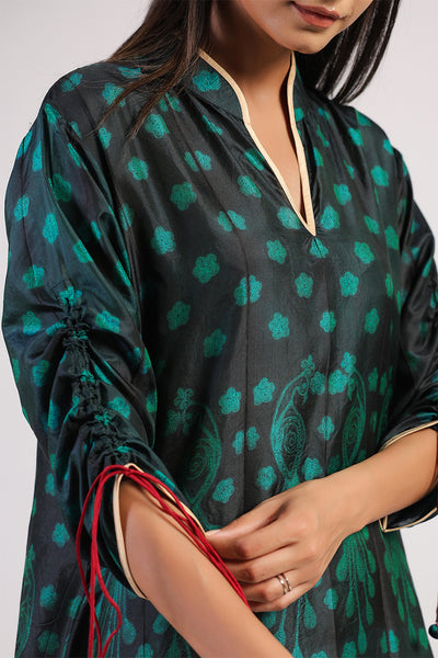 Green & Black Peacock Shibori A line Dress