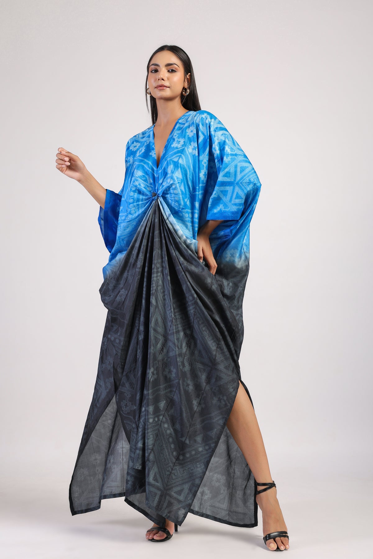 Blue Black Tribal Ombre Shibori Kaftan & Dress