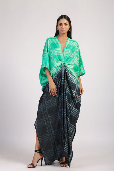 Green Black Geometric Ombre Shibori Kaftan & Dress