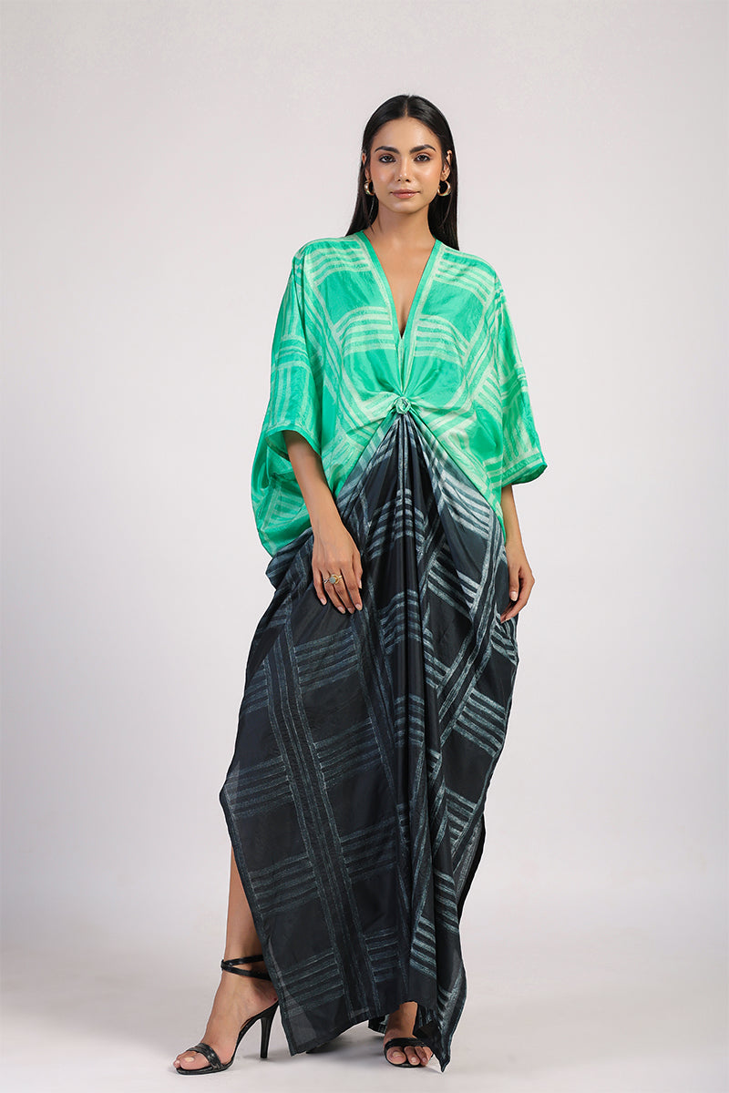 Green Black Geometric Ombre Shibori Kaftan & Dress