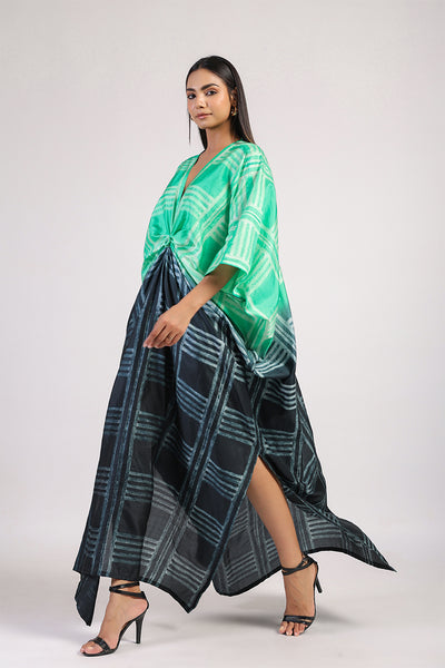 Green Black Geometric Ombre Shibori Kaftan & Dress