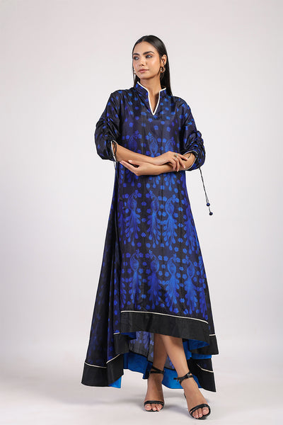 Blue & Black Peacock Shibori A line Dress