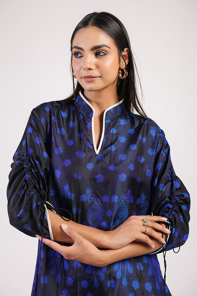 Blue & Black Peacock Shibori A line Dress