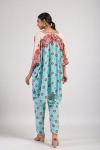 Aqua Placement Printed Embroidered Poncho Set