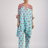 Aqua Placement Printed Embroidered Poncho Set