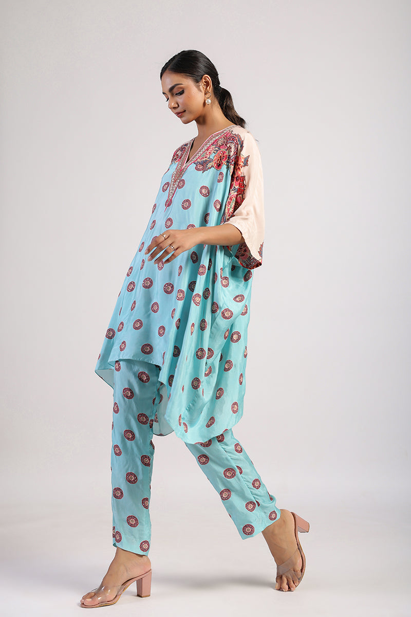 Aqua Placement Printed Embroidered Poncho Set