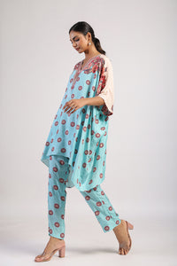 Aqua Placement Printed Embroidered Poncho Set