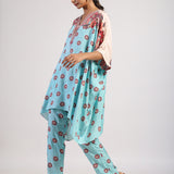 Aqua Placement Printed Embroidered Poncho Set