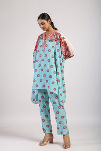 Aqua Placement Printed Embroidered Poncho Set