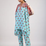 Aqua Placement Printed Embroidered Poncho Set