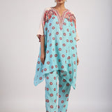 Aqua Placement Printed Embroidered Poncho Set
