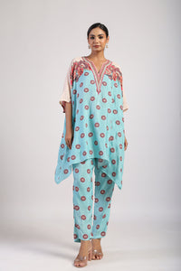Aqua Placement Printed Embroidered Poncho Set