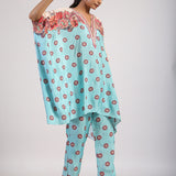 Aqua Placement Printed Embroidered Poncho Set