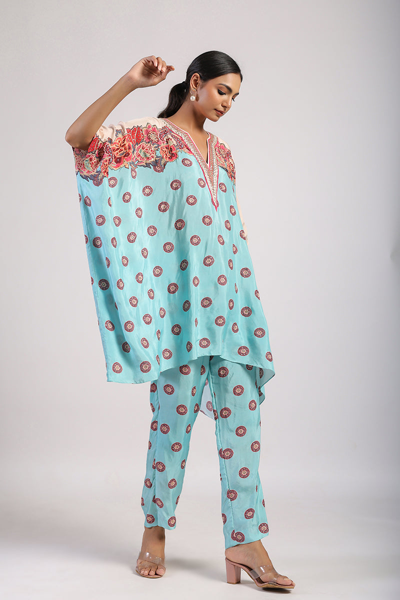 Aqua Placement Printed Embroidered Poncho Set