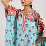 Aqua Placement Printed Embroidered Poncho Set