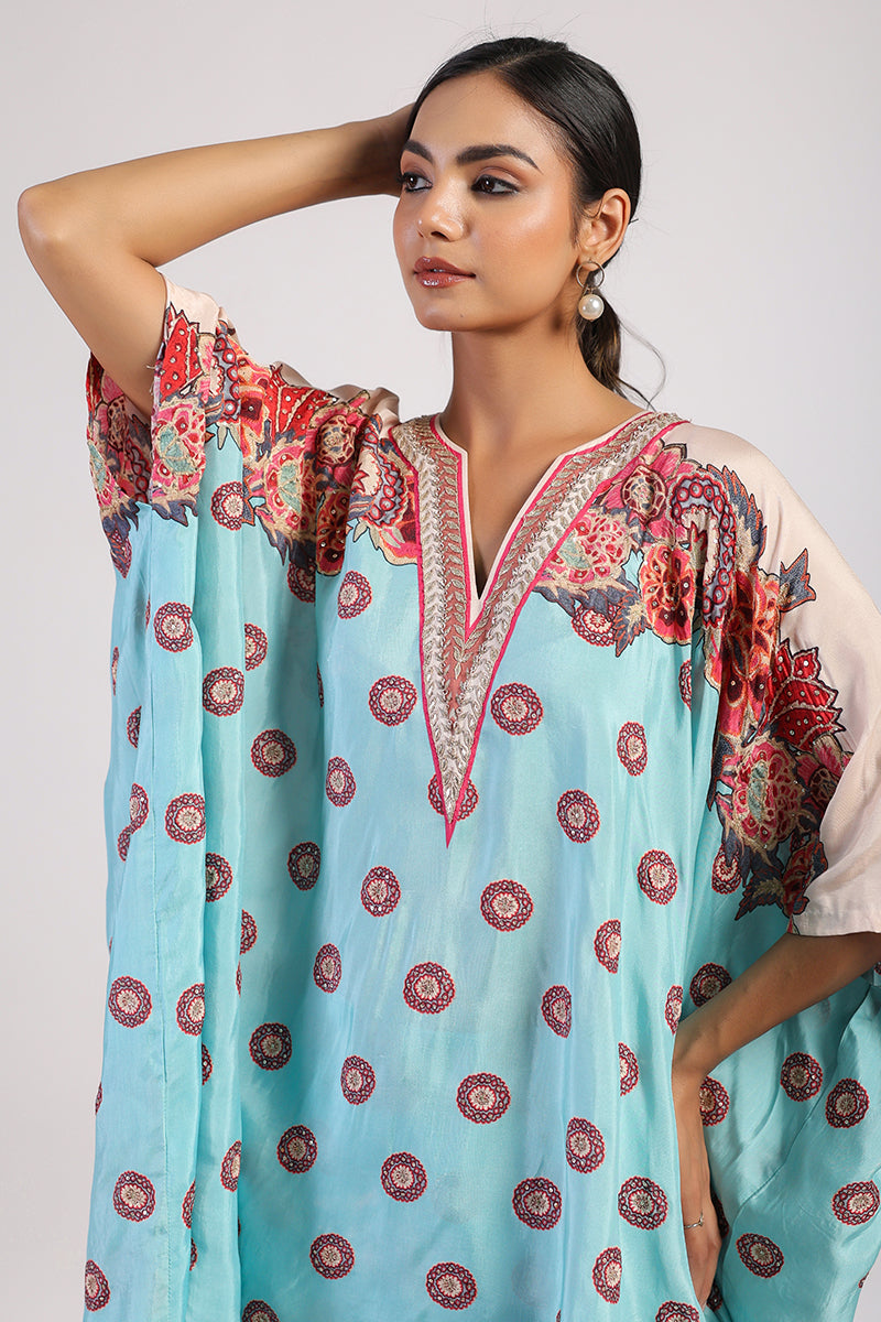 Aqua Placement Printed Embroidered Poncho Set