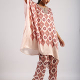 Mocha Printed Embroidered Poncho Set