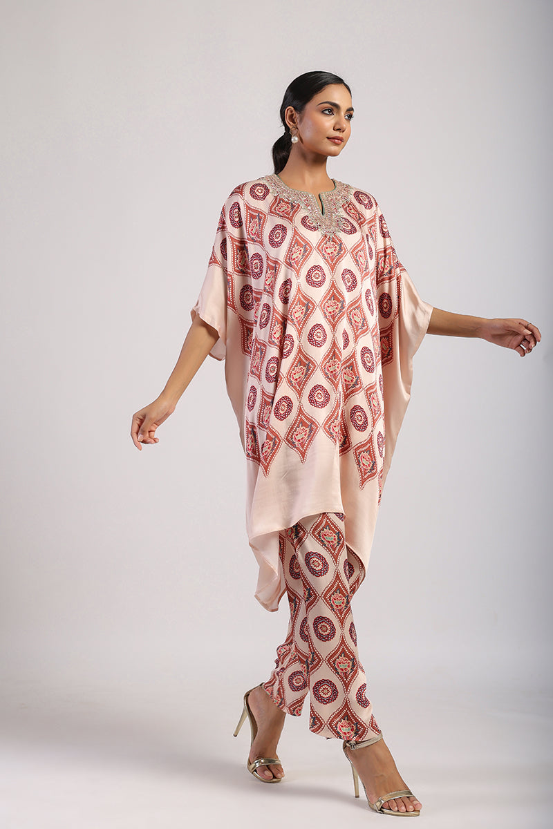 Mocha Printed Embroidered Poncho Set