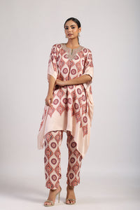Mocha Printed Embroidered Poncho Set
