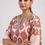 Mocha Printed Embroidered Poncho Set