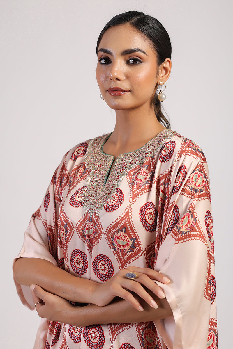 Mocha Printed Embroidered Poncho Set