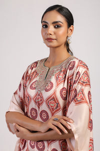 Mocha Printed Embroidered Poncho Set