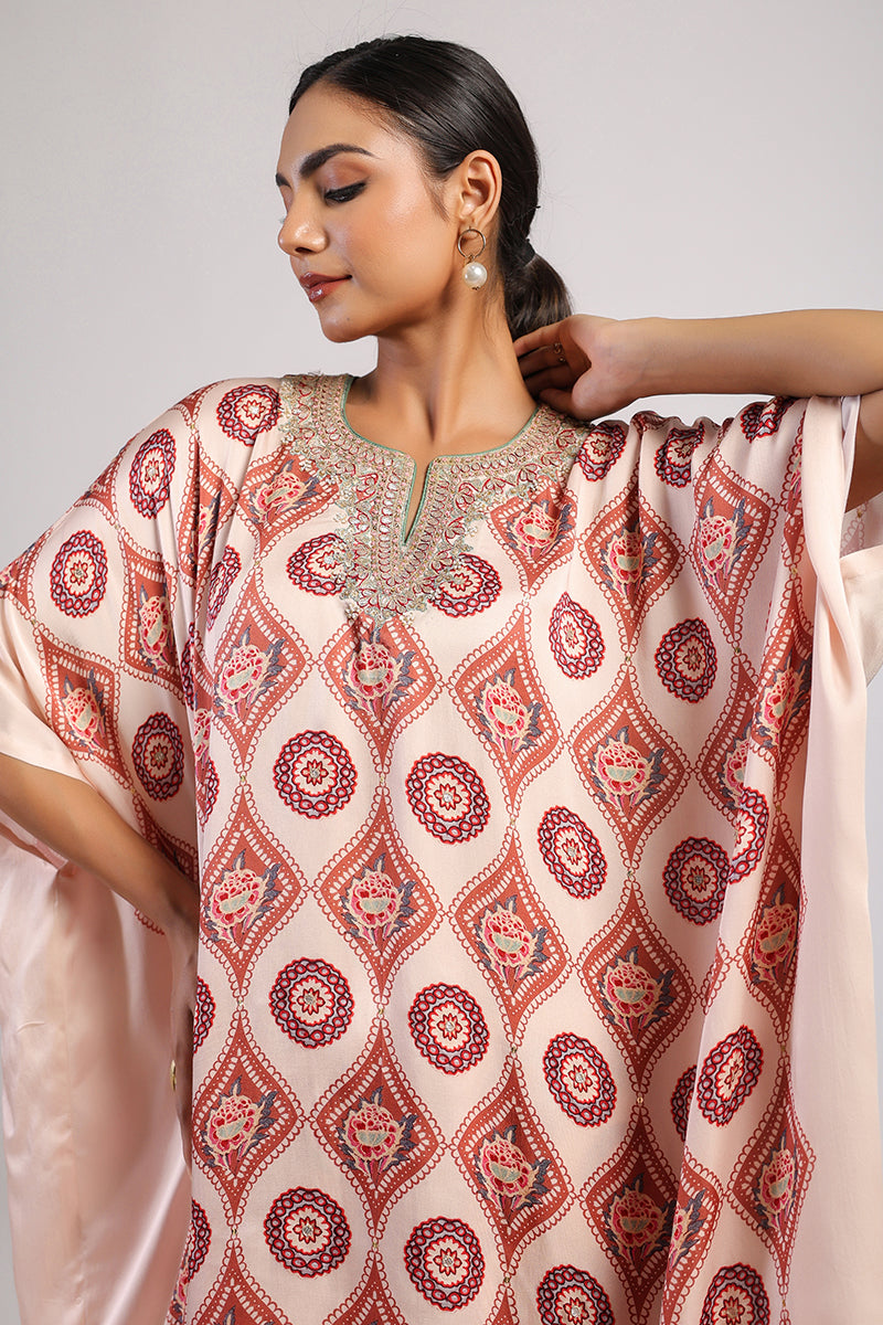 Mocha Printed Embroidered Poncho Set
