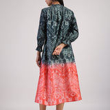 Black Red Tribal Ombre Shibori Neck Pleat Dress