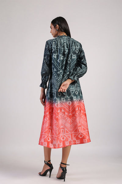 Black Red Tribal Ombre Shibori Neck Pleat Dress