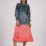 Black Red Tribal Ombre Shibori Neck Pleat Dress