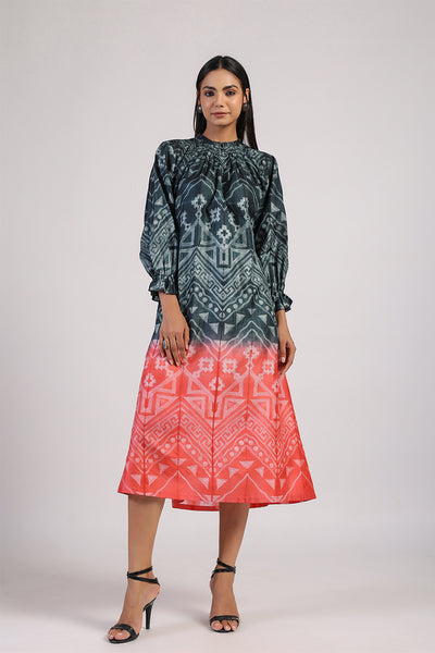 Black Red Tribal Ombre Shibori Neck Pleat Dress