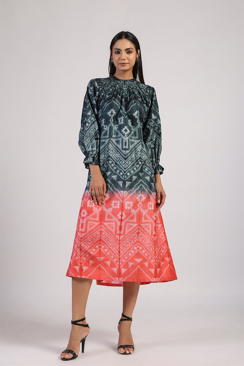 Black Red Tribal Ombre Shibori Neck Pleat Dress