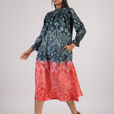 Black Red Tribal Ombre Shibori Neck Pleat Dress