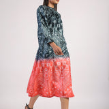Black Red Tribal Ombre Shibori Neck Pleat Dress