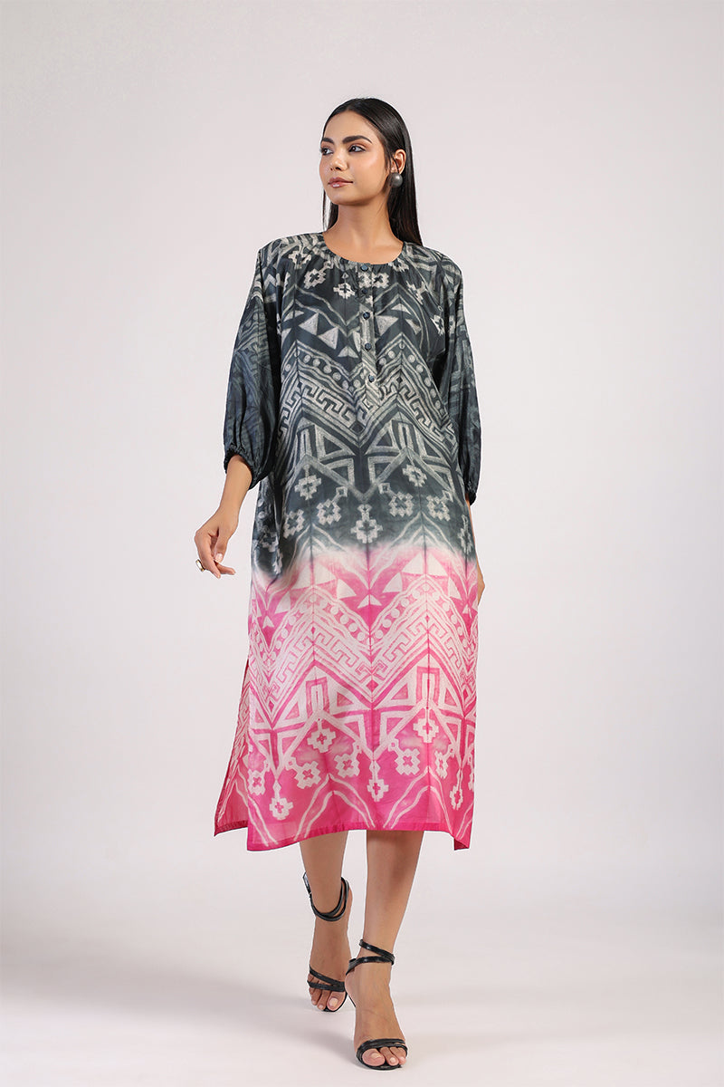 Black Hot Pink Tribal Ombre Shibori Kurta