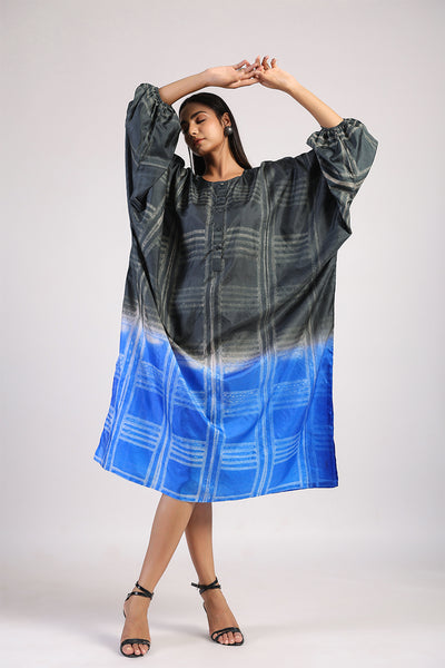 Black Blue Geometric Ombre Shibori Kaftan & Dress
