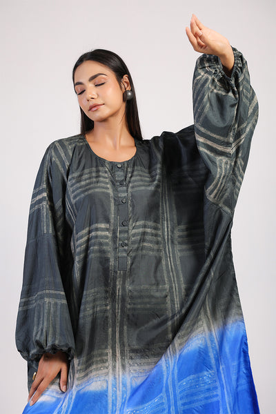 Black Blue Geometric Ombre Shibori Kaftan & Dress