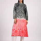 Black Red Tribal Ombre Shibori Front Open Kurta