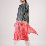 Black Red Tribal Ombre Shibori Front Open Kurta