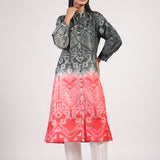 Black Red Tribal Ombre Shibori Front Open Kurta