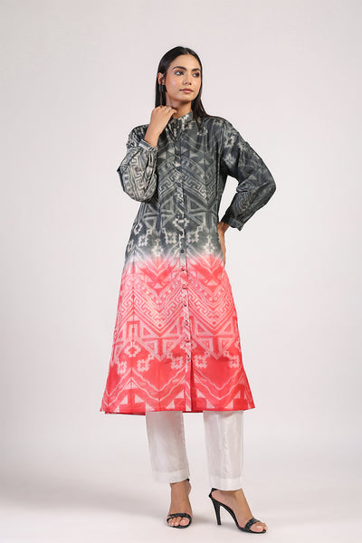 Black Red Tribal Ombre Shibori Front Open Kurta