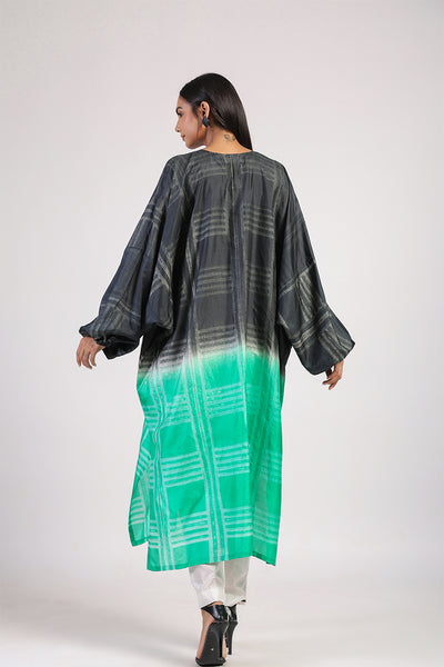 Black Green Geometric Ombre Shibori Kaftan & Dress