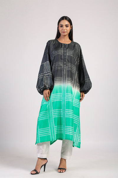 Black Green Geometric Ombre Shibori Kaftan & Dress