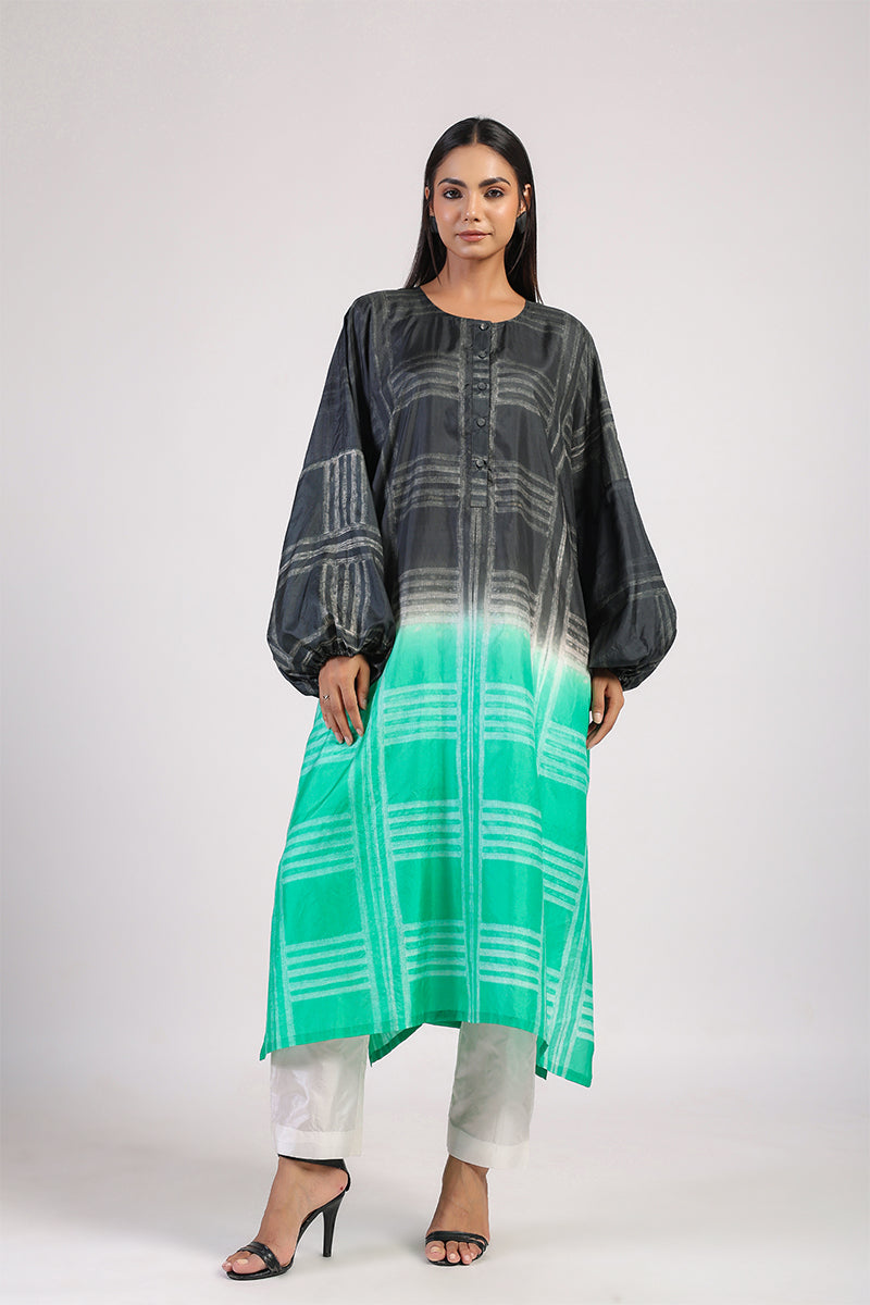 Black Green Geometric Ombre Shibori Kaftan & Dress