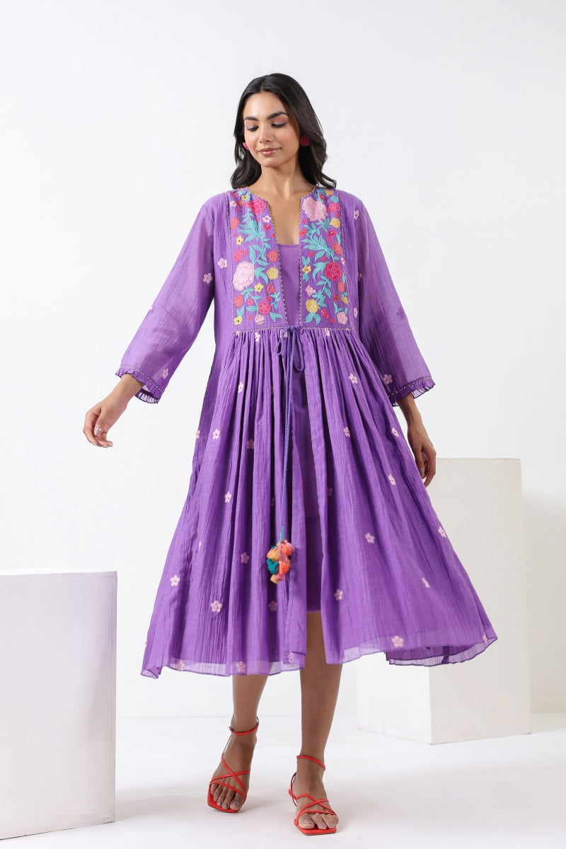 Purple Embroidered Applique Front Open Dress