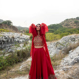 Morbagh Red Embroidered Lehenga With Halter And Cape