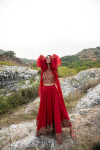 Morbagh Red Embroidered Lehenga With Halter And Cape