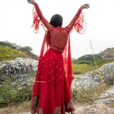 Morbagh Red Embroidered Lehenga With Halter And Cape