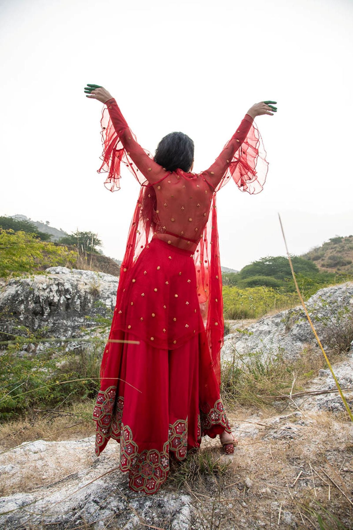 Morbagh Red Embroidered Lehenga With Halter And Cape